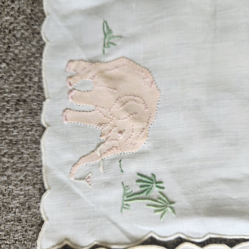 Vintage Set Of 2 Medeira Pink Elephant Linen Cocktail Napkins Scalloped Edge